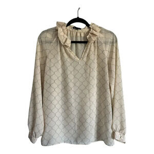 Gap Sheer Long Sleeve Cream Blouse Geometric Shape Ruffle Collar Size Small